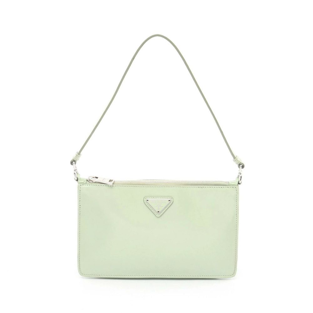 Prada Triangle Accessory Pouch Clutch Handbag Leather Bag Green